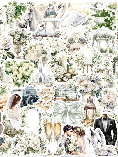 50pcs Vintage Floral White Wedding Stickers Fashion Personalized Creative DIY Fine Decorative Stickers Scrapbook Laptop Luggage Guitar Phone Case Popular Decals