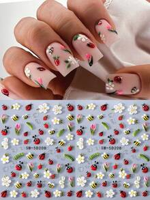 Set de 2 pegatinas de arte de uñas 5D estereoscópicas con abeja, mariquita, margarita, tulipán, hoja verde y enredadera, decoración de uñas DIY para primavera/verano - Multicolor - Ver 2