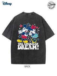 Disney Mickey & Minnie Mouse "The American Dream" Cotton T-Shirt, Fashionable T-Shirt, Retro Mickey Mouse T-Shirt, Men's And Women's T-Shirt, 230G Washed High-Quality Cotton Printed T-Shirt, Magic Kingdom, Disney Family Travel Shirt, Men's Casual Fashion - 黑色 - 查看 4