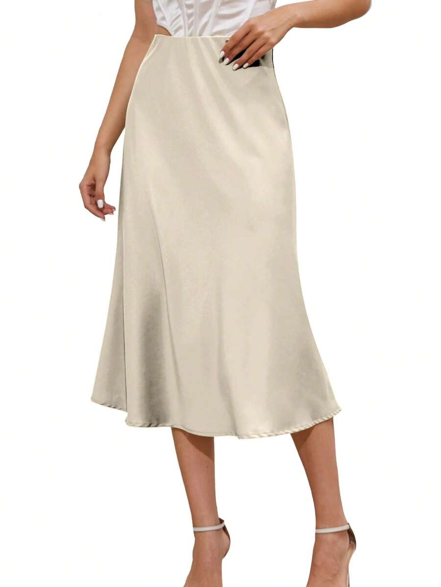 Women's Silky Satin Midi Skirt - High Waist Stretchy A-Line, Wedding Party Work Chic 7307 - 7307-香檳色 - 查看 1