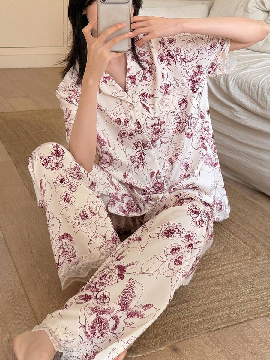 两件套女士翻领短袖睡衣,蕾丝花边印花酒红色睡衣,可外穿 - 酒紅色 - 查看 1