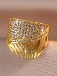 1pc Gorgeous Big Geometry Shiny Cubic Zirconia Wedding Rings,Elegant Romantic Unique Design Adjustable Ring,Suitable For Daily Wear,Engagement Banquets Clothing Jewelry Accessory And Gift - Yellow Gold - View 5