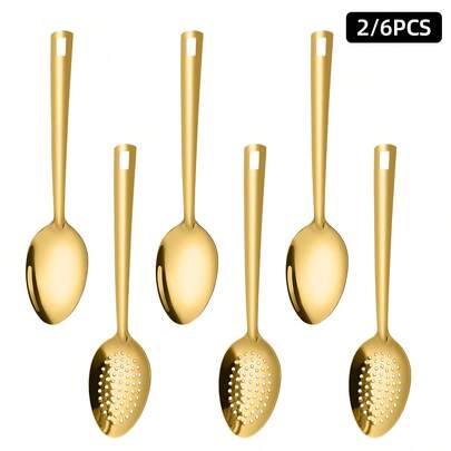 2pcs/6pcs Stainless Steel Spoons, Gold Spoons, Slotted Spoons, Perforated Spoons, High Quality Serving Spoons, Suitable For Home Kitchen, Restaurant, Hotel, Kitchen Utensils