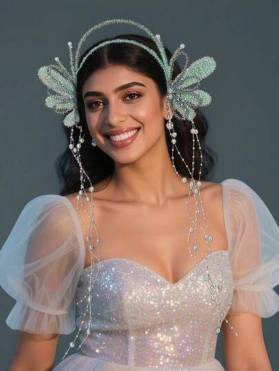 1pc Colorful Long Tassel Pearl Headband, Fashion 3D Butterfly Design Headpiece, Suitable For Bride, Wedding, Festival, Carnival Party, Photography, Casual Wear