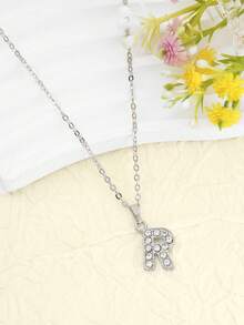 1件装 时尚嘻哈风格字母R微镶水钻极简吊坠项链 女士 - 銀色 - 查看 2