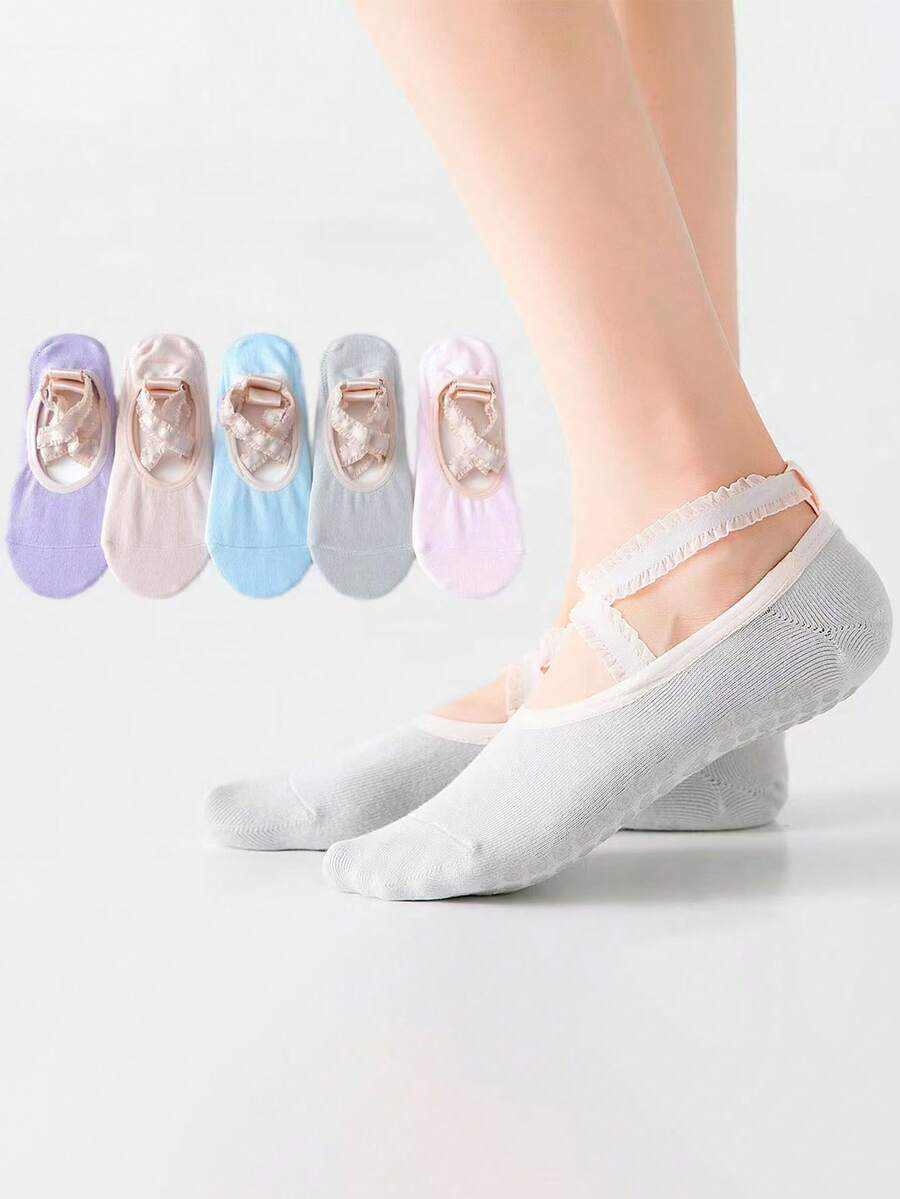 1双专业瑜伽袜，春夏款，芭蕾舞风格蕾丝交叉绑带，防滑袜底，适合普拉提、舞蹈和健身。 - 彩色 - 查看 1