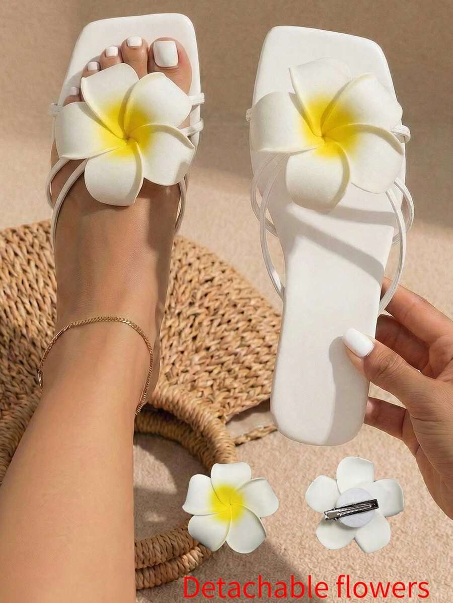 planare 新款时尚女士度假凉鞋，花卉绑带露趾套脚舒适轻便夏季户外/室内平底凉鞋，白色鸡蛋花装饰女士人字拖