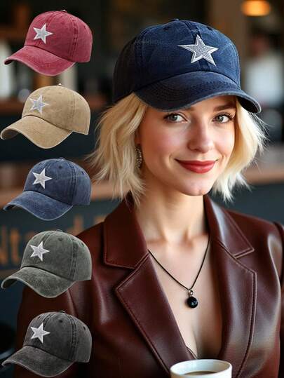 1顶男女通用户外时尚五角星图案水洗棒球帽，可调节户外防晒休闲帽，适合旅行、海滩度假，V2K Stle 为年轻男女设计