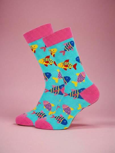 1 Pair Colorblock Tropical Fish Pattern Mid-Calf Socks, Unisex, Spring/Summer Bestseller, Perfect For Beach And Water Activities