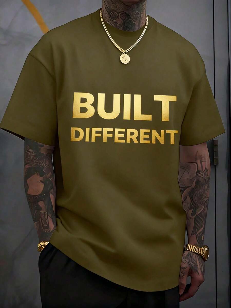 Men's T-Shirt, Classic Graphic T-Shirt, Soft And Comfortable T-Shirts For Men, Script Logo, 180g, 100% Cotton - Army Green - View 1