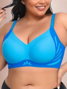 一件式无缝撞色提拉无钢圈加大码文胸，带提拉和侧支撑，欧式风格 - 藍色 - 查看 2