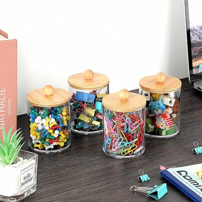 Cotton Swab Box With Bamboo Lid, Transparent Plastic Medicine Bottle Jar, Ideal For Organizing Cosmetics On Your Vanity - Bathroom Accessory For Storing Cotton Swabs, Cotton Balls, Makeup Pads, And Dental Floss