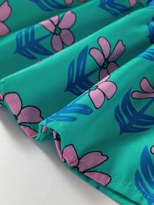 Acelitt 女士休闲绿色碎花高腰褶皱迷你连衣裙，夏季 - 綠色 - 查看 6