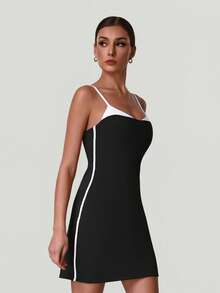 Women's Contrast Color Adjustable Spaghetti Strap Yoga Tennis Sports Dress Built-In Tummy Control Shorts - Black - View 9