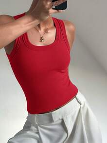 女款 Y2K 性感極簡休閒運動背心，無袖方領夏季款 - 大紅色 - 查看 6