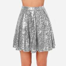 Women's Sequin Skirt Sparkly Stretchy High Waisted A-Line Flowy Swing Glitter Mini Skirts For Night Out Party - Bạc - Xem 2