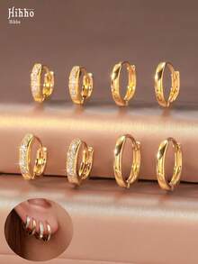 Hihho 8pcs Gold Tone Hoop Earrings With Cubic Zirconia, Minimalist Luxury Style Suitable For Daily Commute, Full Ear Stacking, Work Outfit, Light Social Occasions, Holiday Gifts - Earrings - View 7