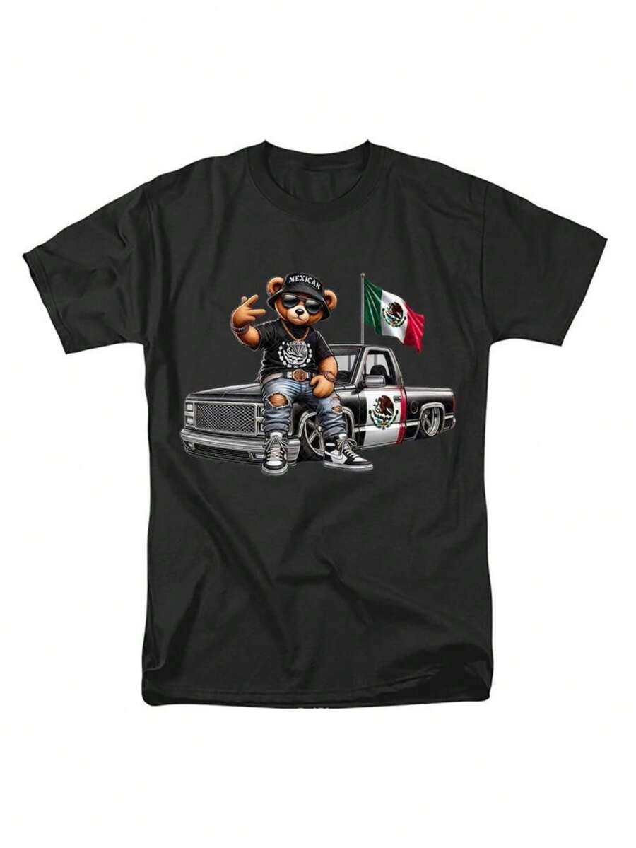 Mexikansk björn hiphop-t-shirt, nallebjörn-t-shirt, mexikansk t-shirt, mexikansk flagga, snygg pickup truck, mexikansk lastbil, present till män, present till kvinnor - Svart - Visa 1