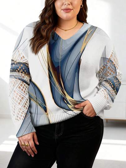 Plus Size Abstract Print V-Neck Pullover Sweater, Long Sleeve Knit Top With Hollow-Out Details