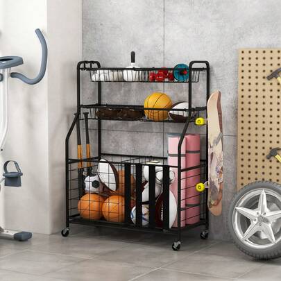  COSTWAY Sports Equipment Storage Rack, Garage Sports Equipment Storage W/ Elastic Straps, Universal Wheels, Side Hooks, Rolling Sports Ball Storage Cart For Gym, School, Garage, Poolside, Black