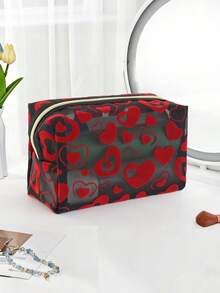 1pc New Heart-Shaped Mesh Cosmetic Bag, Black Minimalist Organizer Pouch, Multi-Functional Toiletry Bag, Suitable For Makeup, Travel, Daily Use - Red - View 3