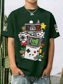 Vintage Robot & Game Controller Print Pullover, Round Neck Short Sleeve, Suitable For Summer And Autumn, New Boys Clothing - Dark Green - View 1