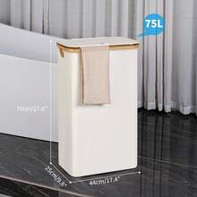 75L Narrow Laundry Basket With Bamb*Oo Handles And Removable Bag For Bathroom & Bedroom Use - Beige Color - Beige - View 6
