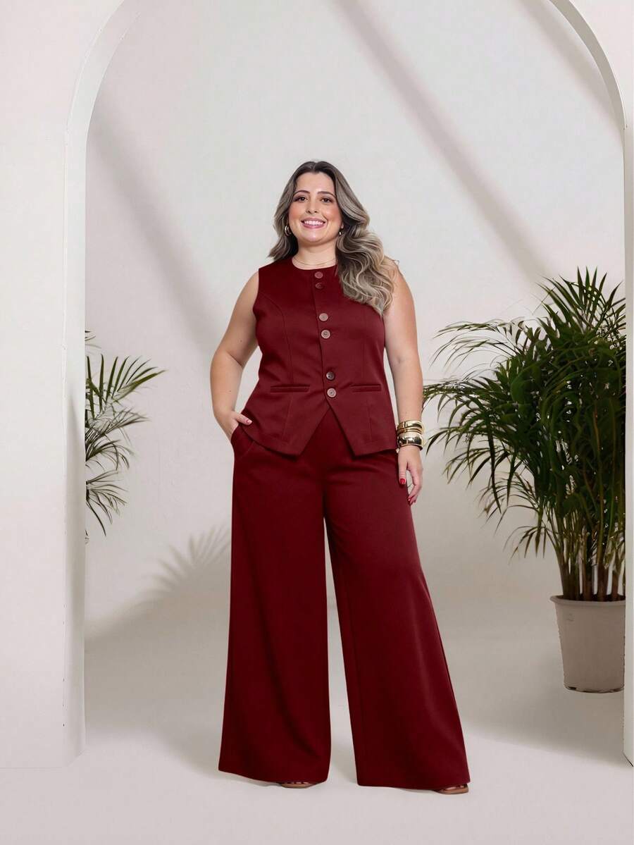 Plus Size Fashion Women's Tailored Set Vest + Pants Casual Fashion/With Special Buttons/Formal Work Blazer With Solid And Elegant Front Button Women's Tank Top/Elegant And Stylish Two-Piece Women's Suit With Front Buttons/Elegant/Sophisticated With Faux Pockets/With Buttons/Blogger/Fashion/National Shipping 2025 - 酒紅色 - 查看 1