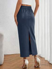 Women's New Fall Faux Leather Maxi Skirt, High Waist, Elegant Casual Pencil Maxi Skirt Slit Design New Years Valentine Vacation Skirt - Xanh nước biển - Xem 2