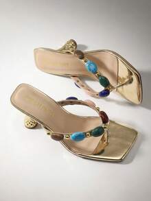 Women Fashion Gold Color Kitten Low Heel Heeled Sandals, Jeweled Slide Mule Heels,Spring Summer Outfits - 金色 - 查看 4