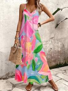 A Piece Of Artistic Impression Knitted Fabric With Soft Skin-Friendly Texture, Women's V-Neck Spaghetti Strap Maxi Dress, Suitable For Summer Gifting And Personal Use, Colorful Ink Floral Print V-Neck Spaghetti Strap Maxi Dress - 彩色 - 查看 2