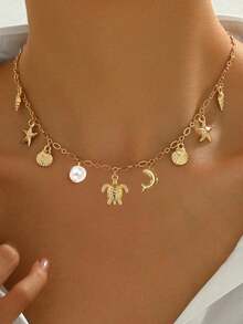 1件新款创意海洋风海星贝壳吊坠项链，简约时尚百搭日常佩戴 - 金黃色 - 查看 5