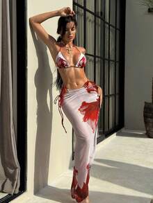 2026 Women's 3-Piece Bikini Set, White Red Floral Print Triangle Cup Swimsuit With Side Tie Bottoms & Beach Skirt, Sexy Summer Beach Vacation Outfit - Multicolor - View 2