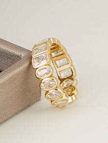 1 pieza Anillo de circonita cúbica elegante, adecuado para uso diario de mujeres, fiestas, bodas, regalo de vacaciones, joyería nupcial - Dorado - Ver 8