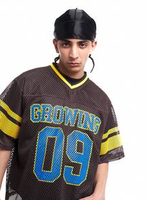 MT99 Men's Letter & Number Print Hollow Casual Versatile Daily Wear T-Shirt - Coffee Brown - View 4