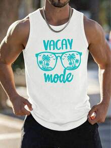 Men's Summer Letter & Palm Tree Printed Round Neck Casual Tank Top - White - View 1
