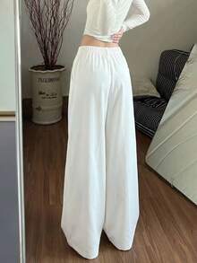 Women's Y2K Style White High Waisted Wide Leg Pants Button Front Pleated Casual Streetwear Going Out Trousers - White - View 4