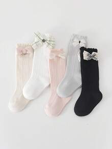 5 Pairs Girls' Spring/Summer Knee High Socks With Bow, Princess Mid-Calf Socks For Toddlers - Multicolor - View 4