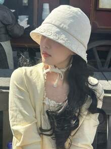 1顶日式蕾丝牛仔布刺绣花卉渔夫帽，女士款，可调节系带遮阳帽，柔软日式风格帽子，新款宽檐系带春夏遮阳帽 - 蕾絲 - 查看 5
