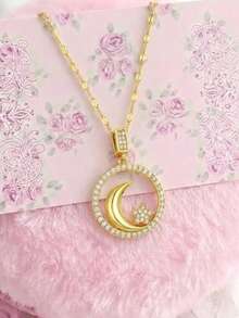 1 chiếc mặt dây chuyền hình trăng sao đính đá Cubic Zirconia tinh tế, dây chuyền đeo xương đòn, mặt dây chuyền hình tròn rỗng mạ vàng 18K, trang sức thiên thể, quà tặng thời trang cho nữ, trang sức tông vàng cho phái đẹp. - Vàng - Xem 2