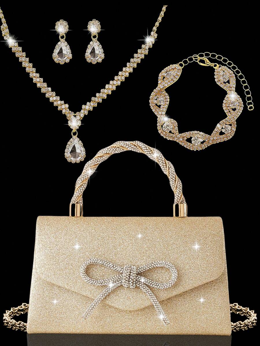 Set Perhiasan Wanita Mewah Berkilau 4 Buah, Tas Tangan Pesta Formal dengan Dekorasi Pita Berlian Imitasi, Set Hadiah Pernikahan Pengantin, Cocok untuk Pesta, Pernikahan, Prom, Gala - Sampanye - View 1