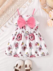 Vestido sin mangas con estampado floral y lazo para niña, estilo princesa adorable, para verano - Rosa - Ver 1