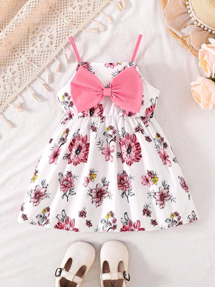 Vestido sin mangas con estampado floral y lazo para niña, estilo princesa adorable, para verano - Rosa - Ver 1