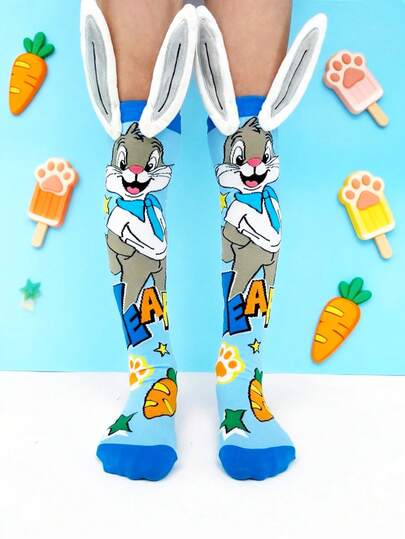 A Pair Of Kids' Over-The-Knee Socks, Kids Socks,Funny Socks,Crazy Socks,Children's Socks,Featuring Cute Grey Rabbit Patterns With 3D Ear Decorations. All-Season Suitable, They Are Perfect Gifts For Crazy Day, Ideal For Kids' Parties, Valentine's Day, Easter, Vacations, Outdoor Activities And Daily Wear.