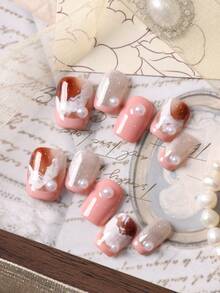 10pcs Press On Nails Pink Nails White Brown Halation Cat's Eye Nail Supplies Nails Press On Short Nail Fake Nails Artificial Nails Kit Includes 1sheet Adhesive Tabs &1 Pc Mini File Handmade Press On Nails - Multicolor - View 1