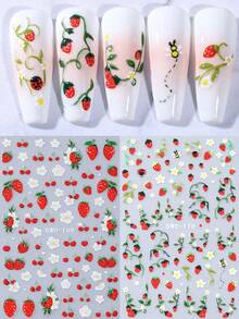 2 piezas Pegatinas 3D de verano con estampado de fresas dulces y margaritas, pegatinas de arte de uñas con diseños de fresas, mariquitas, hojas y enredaderas, suministros de manualidades adhesivos DIY - Multicolor - Ver 10