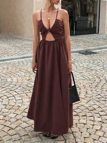 Unadoll Women's Summer Sexy Halter Deep V Ruched Cut Out Waist Back Lace Up Slit Hem Chocolate Brown Maxi Dress Elegant Vacation Party Outfit - Brown - View 6