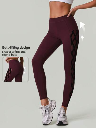 女士弹力腰带收腹健身紧身裤，撞色网眼交叉性感普拉提瑜伽裤