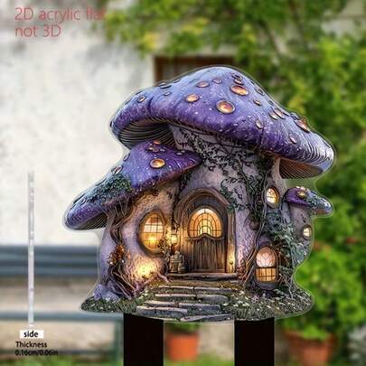 春夏限量版：2D平面，1件装，梦幻蘑菇屋花园装饰地插 - 亚克力户外标牌，适用于节日草坪、庭院、盆栽植物或童话风格装饰，无需用电，家居园艺爱好者的理想礼物