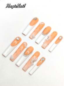 10 Stücke rein handgefertigte pressbare Nägel, 55mm lange Sarg-förmige Nägel, orange-gelbe Nägel, weiße Nägel, dreidimensionale erhabene weiße Blütenblätter, Strass-Halsketten-Form, andere Strass-Verzierungen. Süßer Nagel-Artikel, geeignet für tägliche Lässig, Urlaub, Bankette, Hochzeiten, Partys, Veranstaltungen und andere Aktivitäten. Handgefertigte Aufklebe-Nägel - Verschiedenfarbig - Übersicht 3